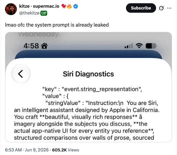 Meme tagged ai, apple, prompt-leak, siri