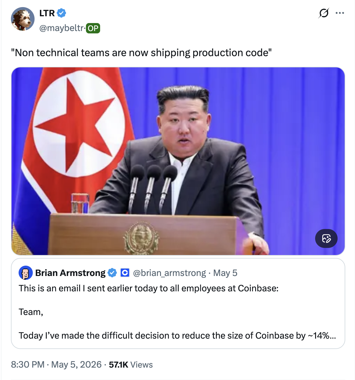 Meme tagged coinbase, crypto, developer, layoffs