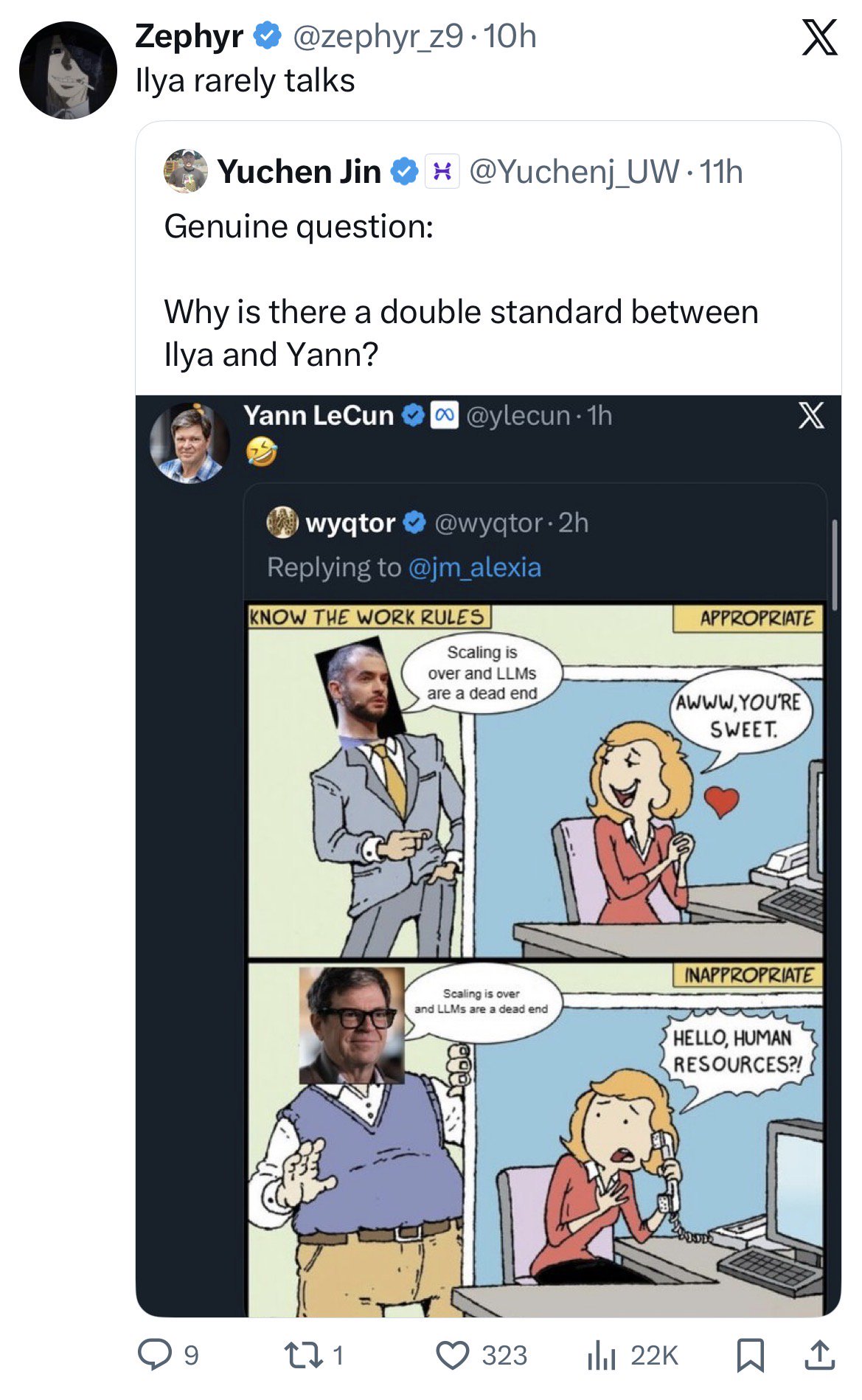 Meme tagged ai-debate, double-standard, ilya-sutskever, llm