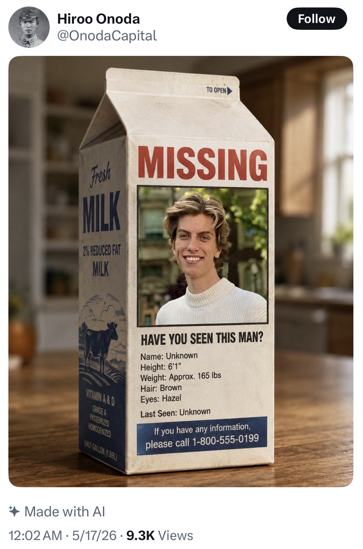 Meme tagged ai, milk-carton, missing-person, shitpost