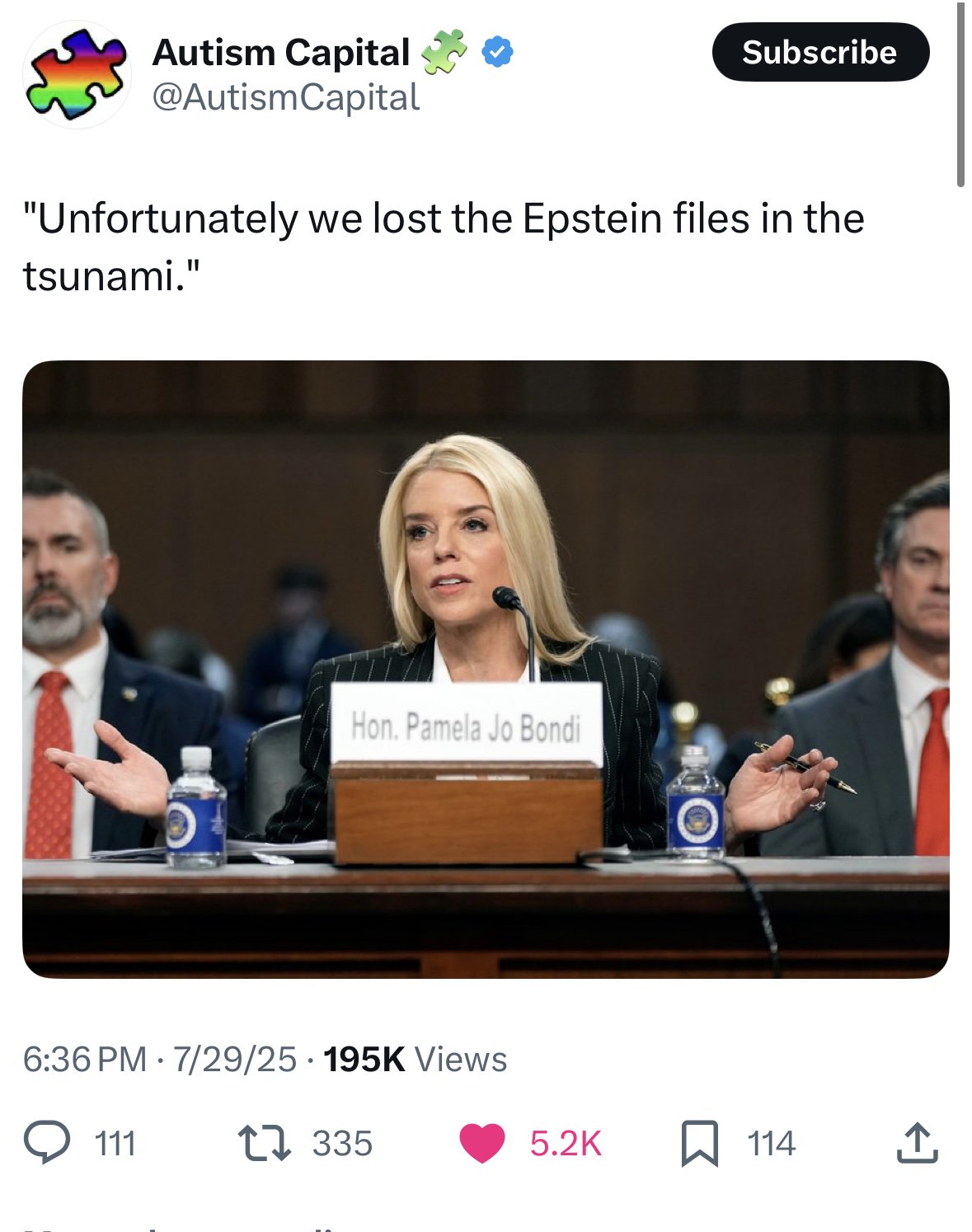 Meme tagged autism-capital, conspiracy, epstein, pamela-bondi
